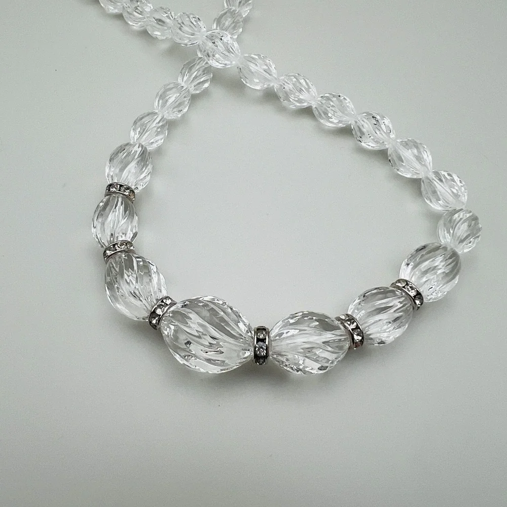 Vintage Bead Necklace Faceted Clear Crystal 30 in Silvertone Rhinestone Stations